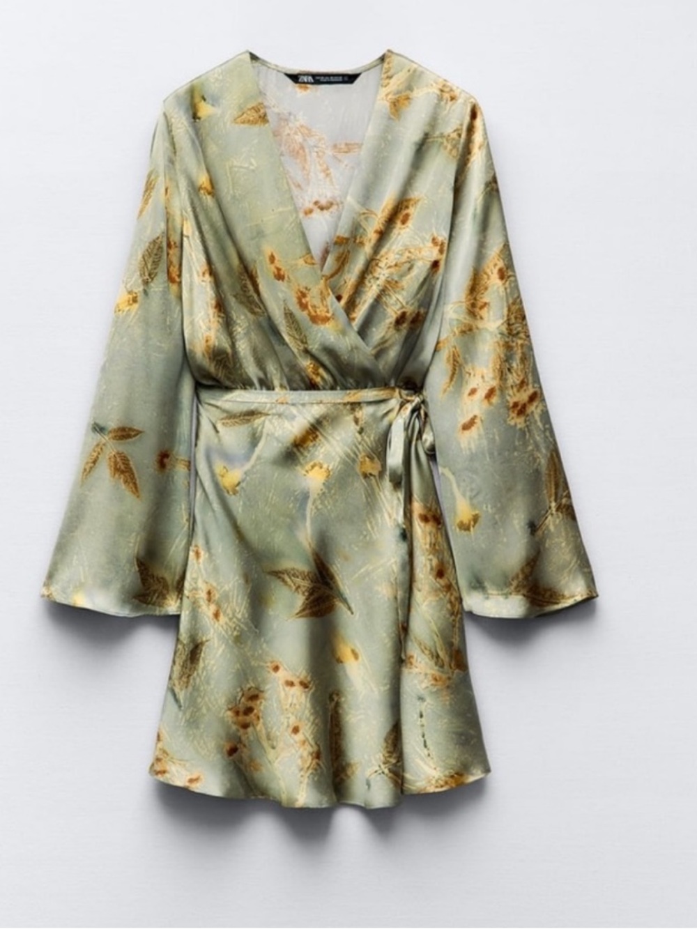 Zara Sage Green Floral Wrap Dress with Yellow Accents